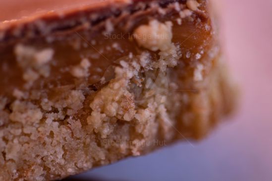 Close up image of mouth-watering caramel shortcake