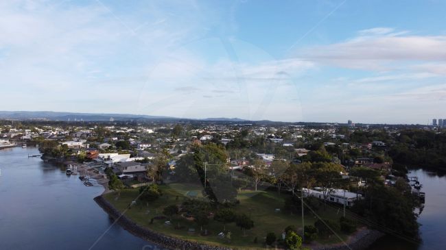 Drone shot of little picnic area beside river in Queensland Australia