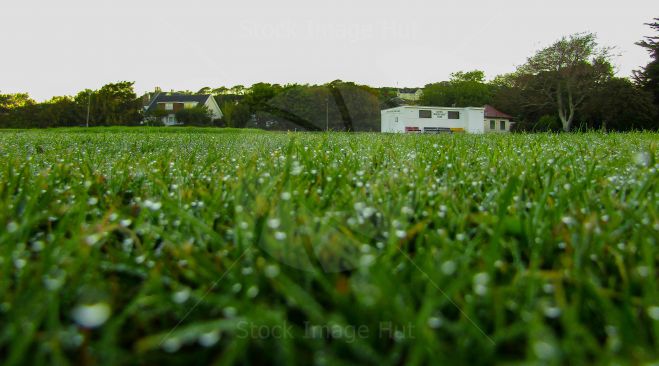 Looking across dew covered grass to boat club hut just after sunrise image