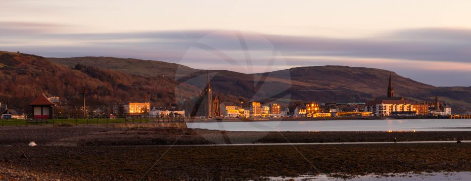 Sunset lighting up the seaside town of Largs on the west coast of Scotland