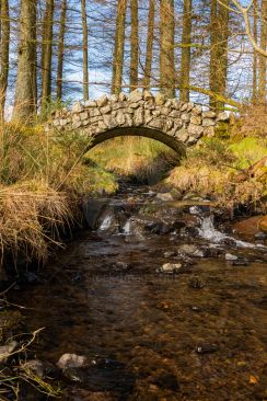 Small stone bridge over little river in winter
